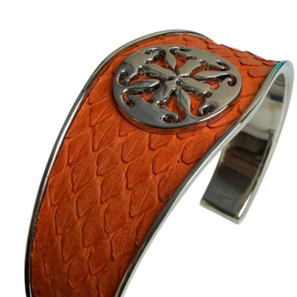 Rustic Cuff Monique Python Tangerine Leather Silver Tone Signature Logo Cuff - Picture 8 of 11